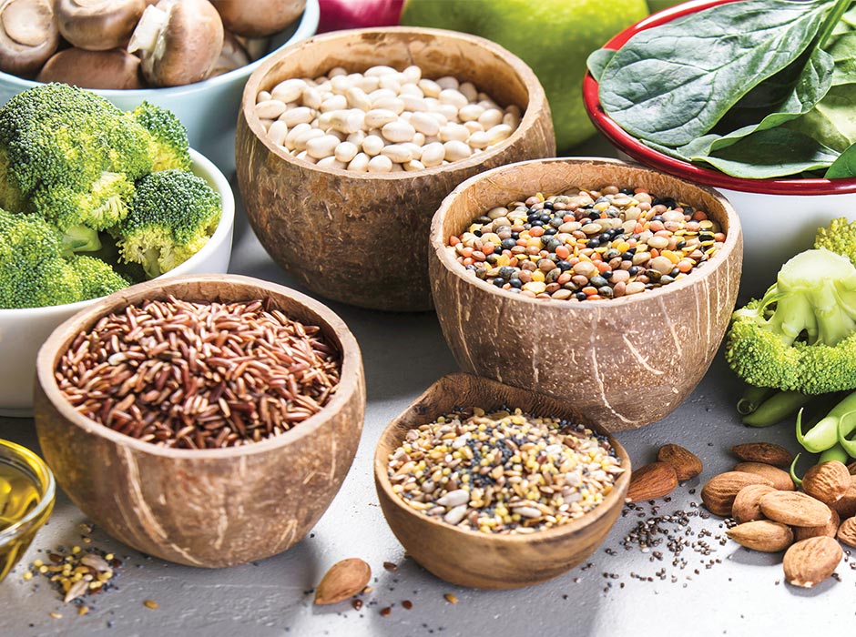 Bowls of pulses, beans and vegetables