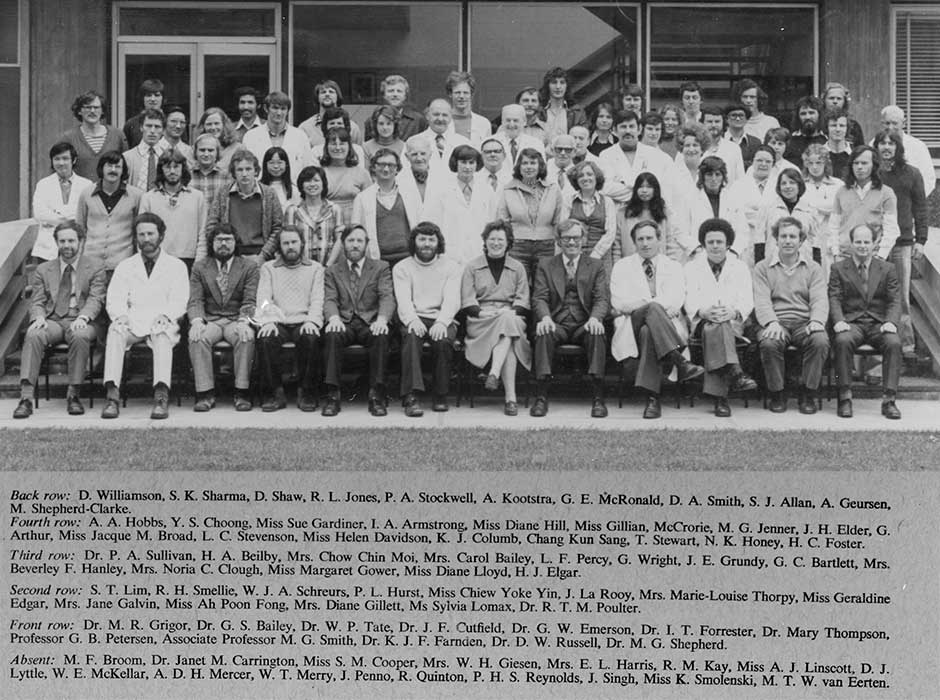 A black and white image of five rows of people standing for a photo with lawn in front of them and a building behind them. The names of people is attached at the bottom of the image