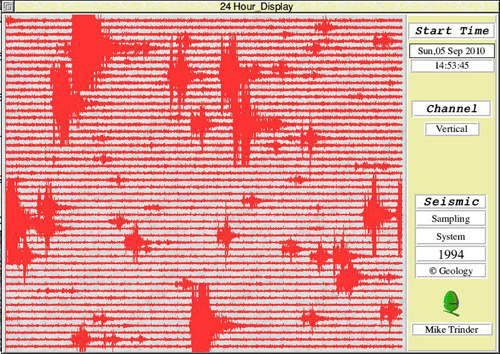 Sunday 4-9-2010 seismogram housed in the Otago University Geology department building. Shows the shaking caused by the Darfield Earthquake (near Chrischurch)-500px