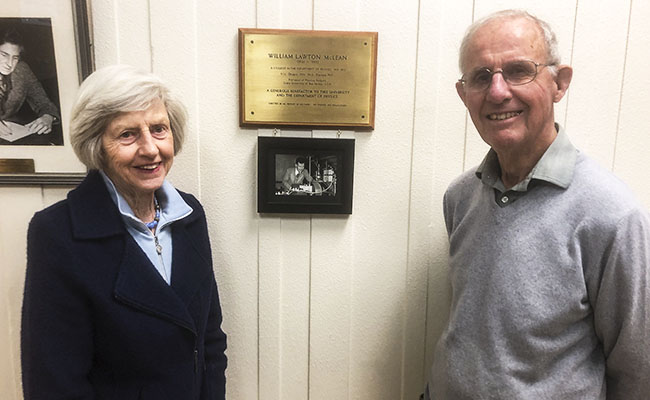 Ruth and Bruce Cooper with the memorial to Professor McLean 650x400