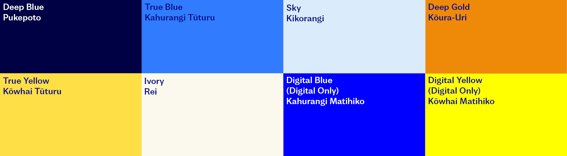 Deep Blue, Deep Gold, True Blue, True Yellow, Sky, Ivory, Digital Blue and Digital Yellow.