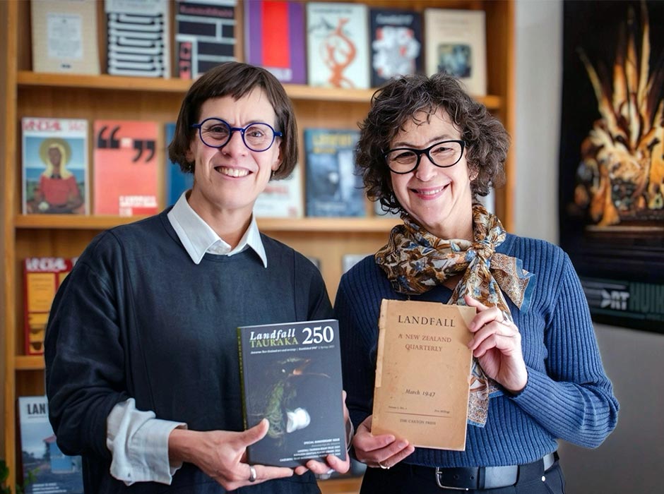 Landfall Tauraka Editor Lynley Edmeades, left, and Otago University Press Publisher Dr Sue Wootton hold 'Landfall Tauraka 250' and 'Landfall 1' respectively.