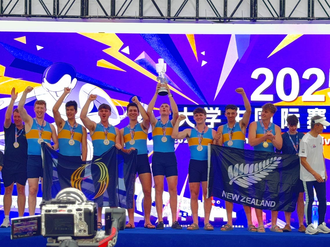 The Otago University Rowing Club (OURC) Men’s Senior Eight picked up gold at the 2025 Nanjing International Universities Rowing Open in China last month. 
