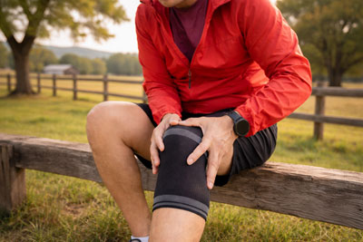 Runner sitting on a bench wearing a knee brace, clutching knee.