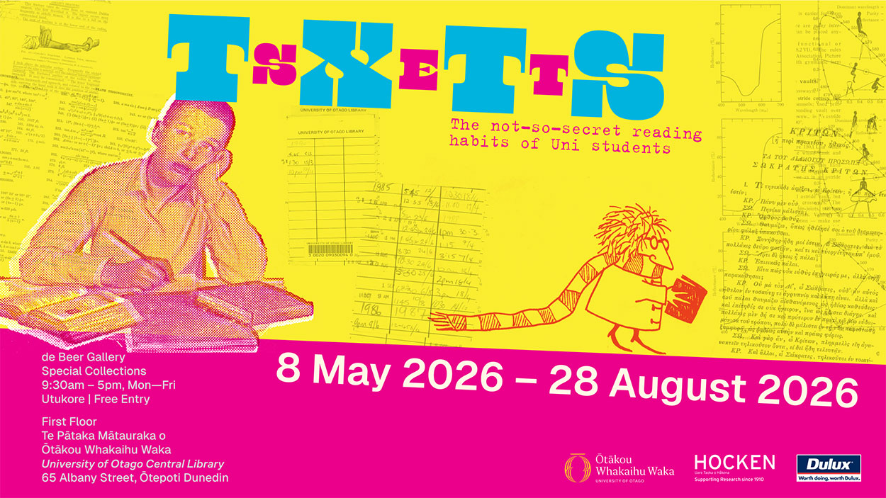 SET-TEXTS banner, showing student writing with many textbooks on desk. Exhibition date 8 May to 28 August 2026.