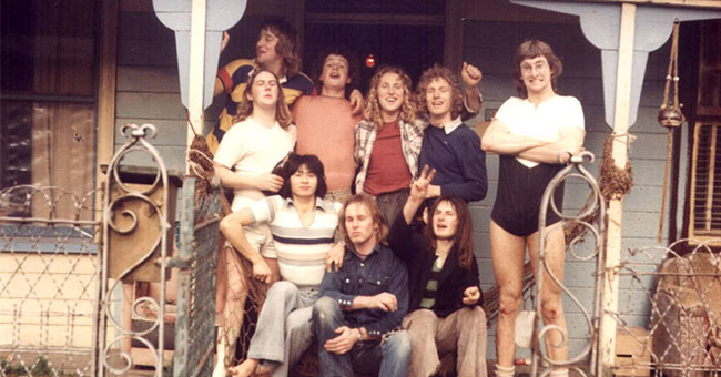 A group of Otago students are pictured outside their flat in the 1970s.