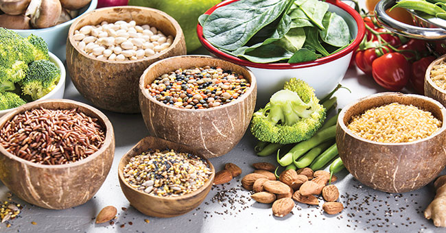 Bowls of pulses, beans and vegetables