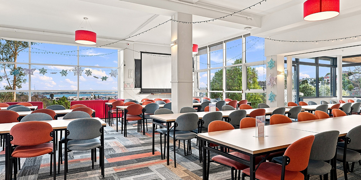 Common dining area with large windows