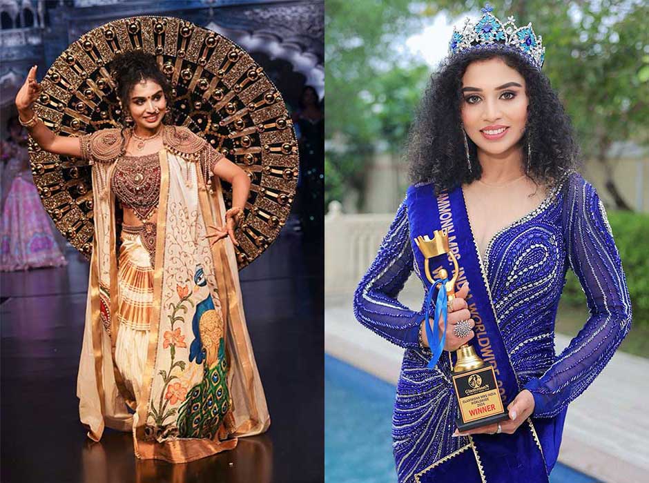 two photos next to each other, the first showing A woman wearing an elaborate dress which has a large beaded circular piece attached on the back, and the second showing a woman in a blue dress, wearing a tiara and a sash while holding a trophy with a swimming pool in the background and greenery