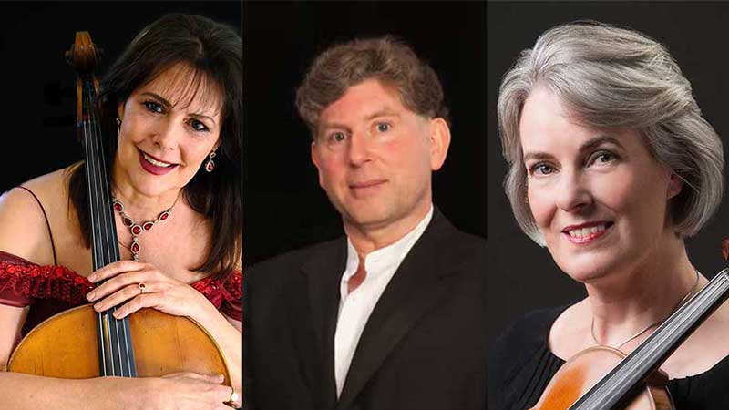 Three headshots, from left a woman holding a cello, a head and shoulders of a man, and then a head and shoulders of a woman holding a violin