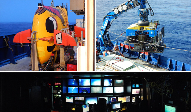 Fig. 2. Showing the AUV Sentry (top left) and the ROV Jason (top right) along with a view from inside the control van from which Jason is driven (bottom). 