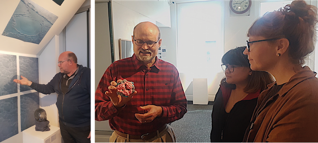 Left: Craig Marshall describes how ice is formed standing next to &ldquo;Dirty Ice&rdquo;. Right: Sigurd Wilbanks (left) shows a model of phycoerythrin to Pauline Uyseco (middle) and Georgina Young (right).