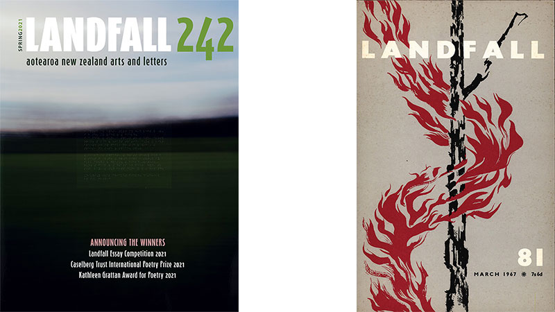 Some of Fiona Moffat’s favourite covers are: ‘Landfall 242’ featuring work by Conor Clarke in collaboration with members of the blind and low-vision community, with Braille text and accompanying audio links; and Leo Bensemann’s graphic design for ‘Landfall 81’. 