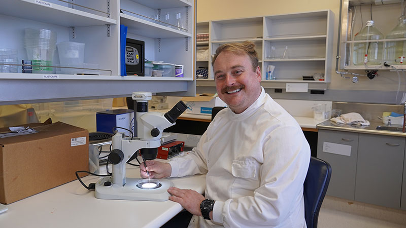 Man in lab coat sitting in front of a microscope