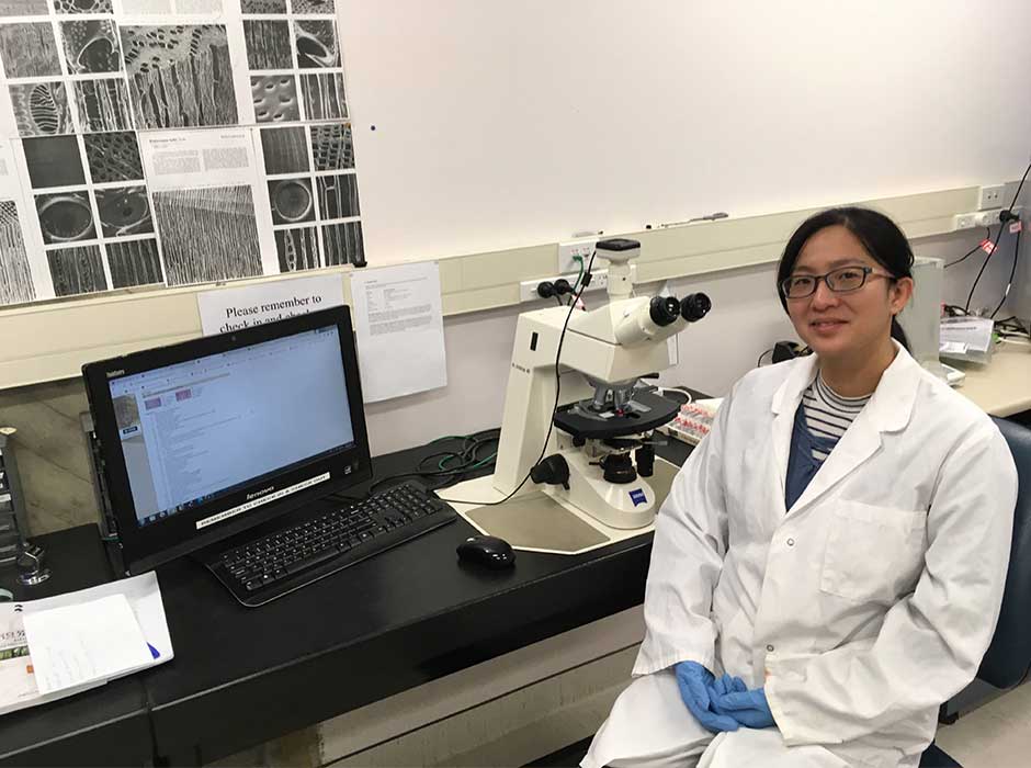 A woman seated at a desk in a laboratory 