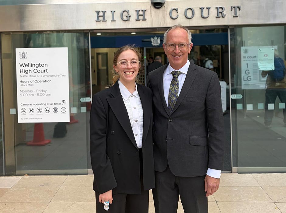 Otago Alumni Molly McDouall (left) and James Every-Palmer KC (right) outside the Wellington High Court.