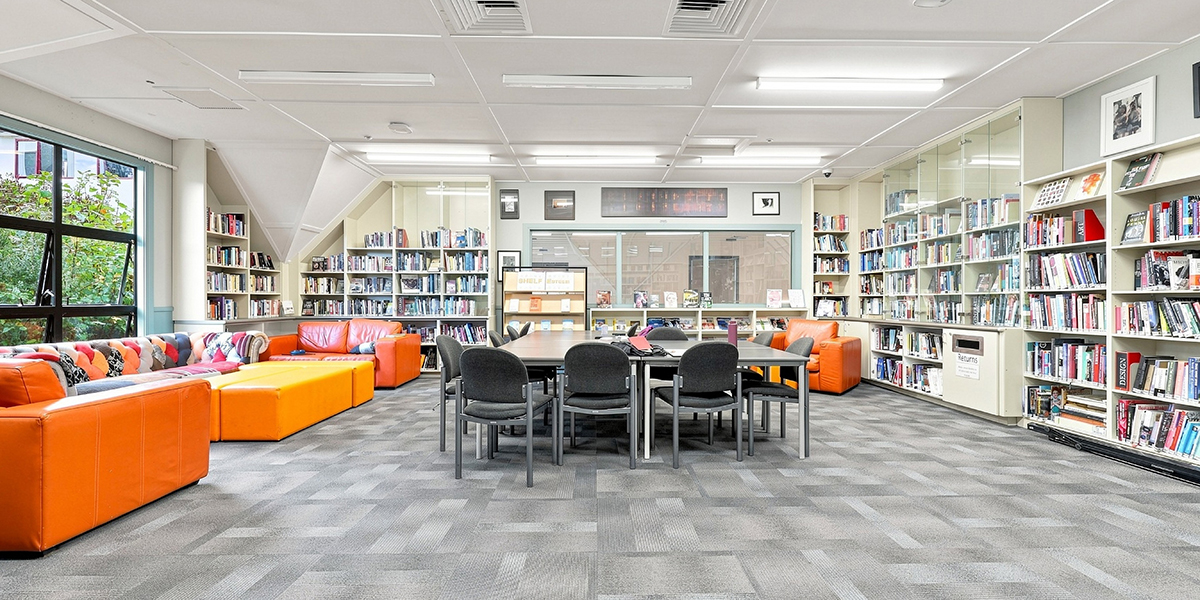 Library bookshelves and study tables