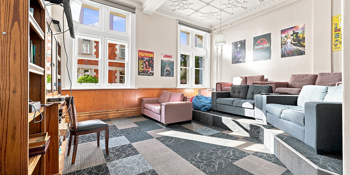 Room with couches. movie posters on the walls and bookshelf