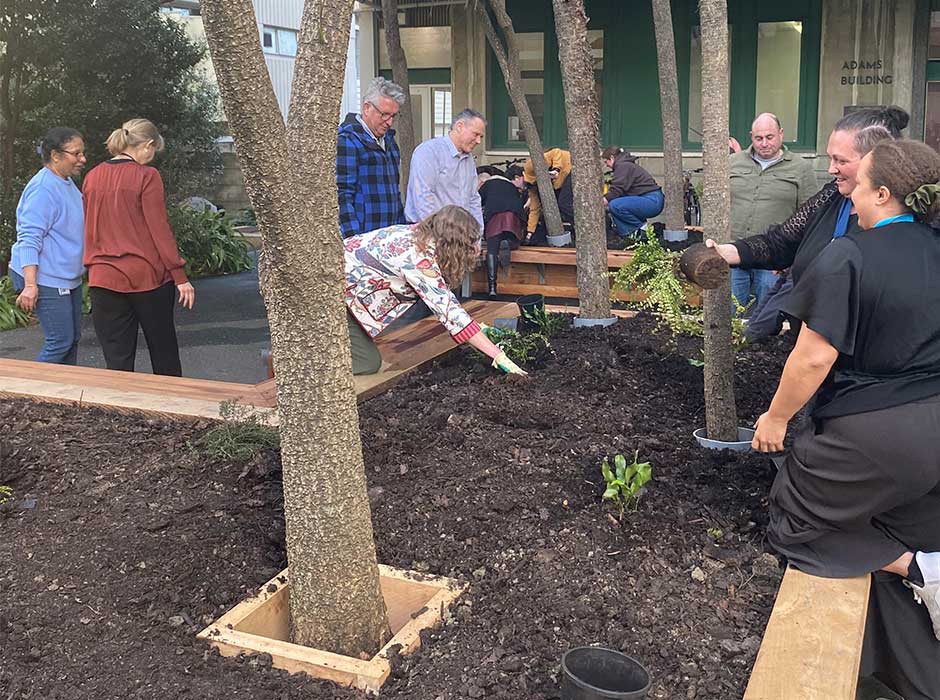 people standing next to the raised garden bed talking