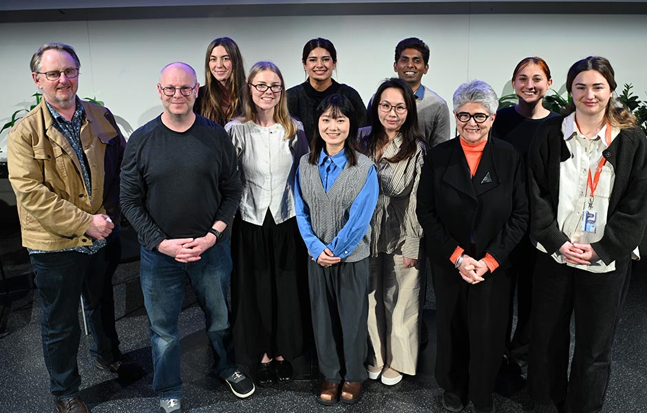 Contestants and judges are pictured with Coordinator Student Experience Trevor Williams (far left), who organised the Wellington Heat of the Three Minute Thesis (3MT) competition held in the Nordmeyer Theatre on 29 July. 