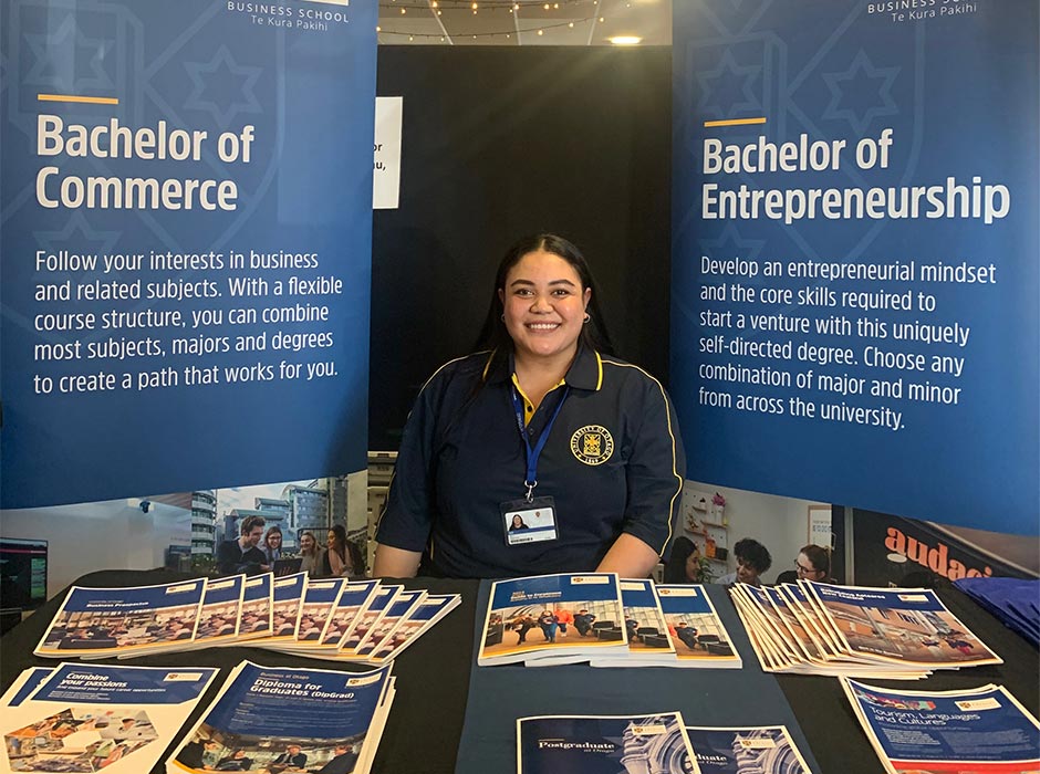 Viena Faiva spreading the word about Otago in her role as Pacific Island Student Support Facilitator for the Otago Business School at the Invercargill Polyfest last year. 