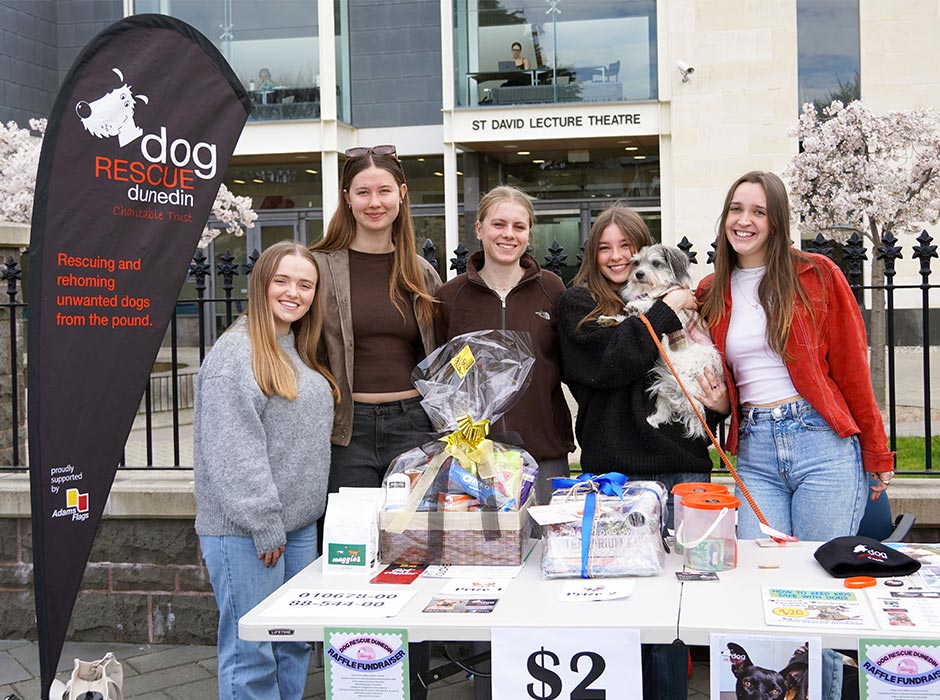 Raising money and awareness for Dog Rescue Dunedin as part of a MANT252 project are, from left, Emi Jones, Aimee Caeser, Molly Ellis, Edie Bussell (with Fenchurch) and Emilee Wood. 