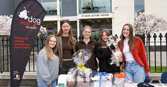 Raising money and awareness for Dog Rescue Dunedin as part of a MANT252 project are, from left, Emi Jones, Aimee Caeser, Molly Ellis, Edie Bussell (with Fenchurch) and Emilee Wood.