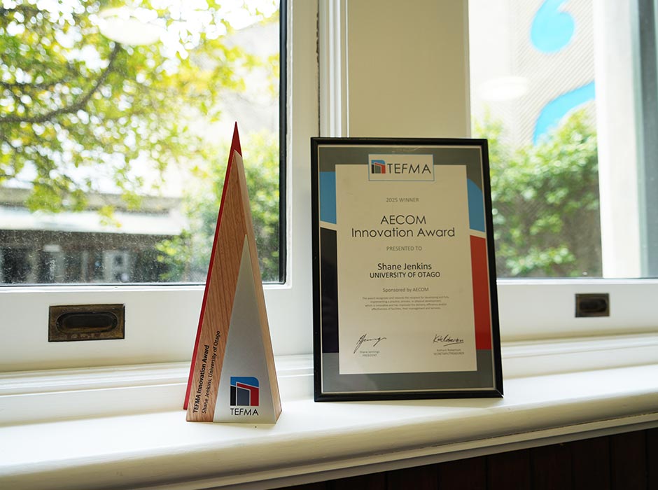 Shane-Jenkins'-TEFMA-award-and-certificate on a windowsill