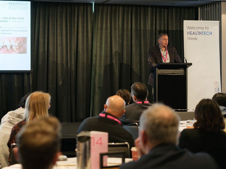 Professor Warwick Duncan, pictured speaking at HealthTech week received the Award for Best Translational Research Project at the event which includes $100, 000 in funding to continue the development of the novel dental technology his team is working on. 