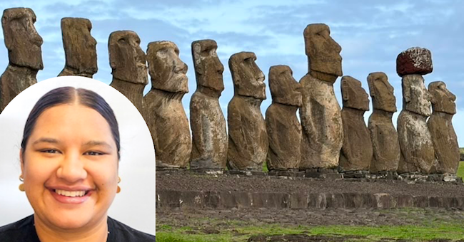Composite image showing a head-and-shoulders portrait of Otago Biochemistry PhD student Tyla Hill-Moana in the lower left corner, overlaid on a photograph of a row of large stone moai statues at Rapa Nui (Easter Island). The weathered statues stand on a stone platform in an open grassy landscape beneath a cloudy blue sky.