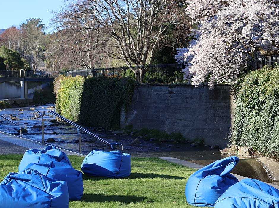 bean bags on a lawn next to a river with blue sky and blossomy trees in the background