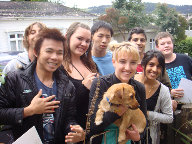 Students with Dog. 