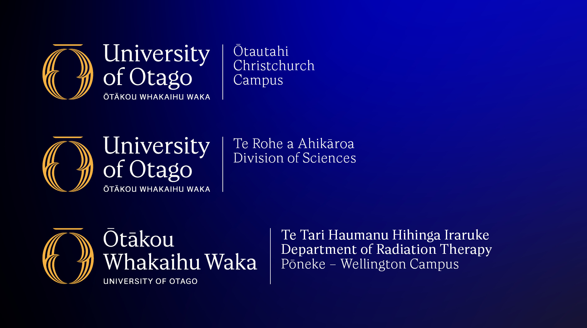University of Otago wordmarks for Christchurch campus, Division of Sciences and Department of Radiation Therapy, Wellington Campus.