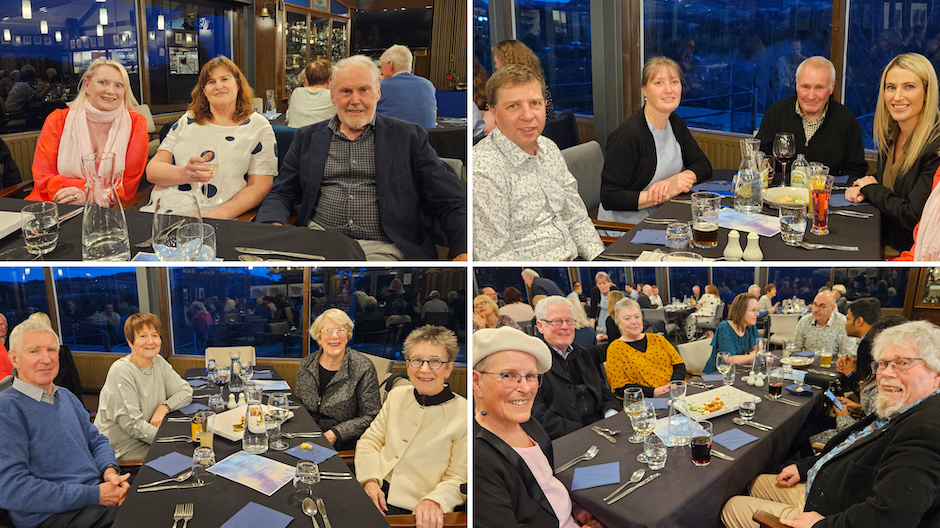 Four photos of people sitting at tables.