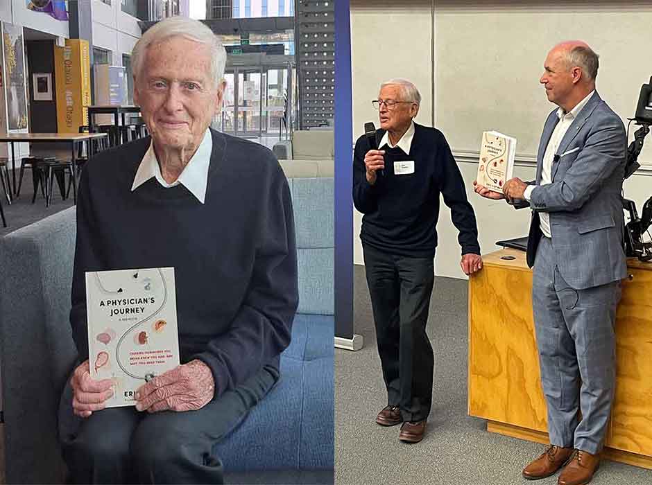 a man seated on a couch holding a book, then two men standing one holding a microphone and the other a book
