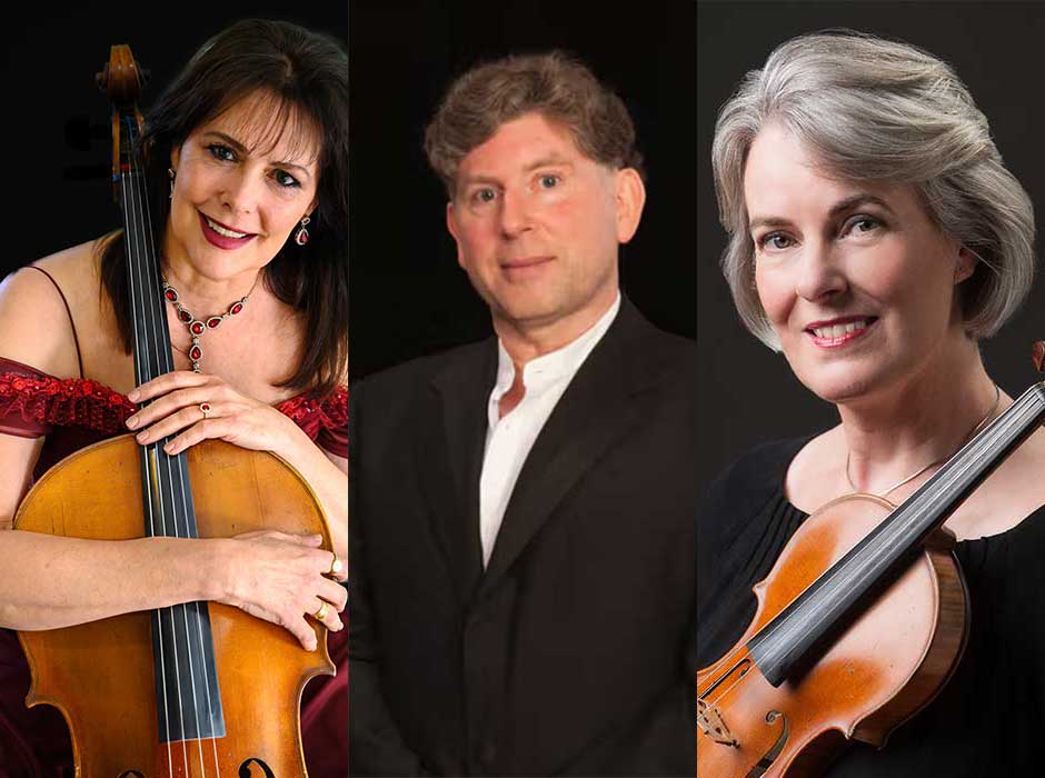 a woman holding a cello, a man in a black shirt, a woman holding a violin