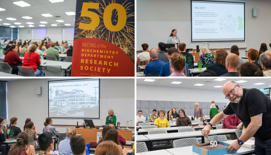 Four-photo collage from a biochemistry department research society event in a lecture room: one shows attendees seated beside a booklet reading “50th Meeting of the Biochemistry Department Research Society”; two images show speakers presenting to an audience with slides projected on a screen, including a historical photograph of a university building; the final image shows a person placing a silver “50” decoration on a cake while attendees look on.