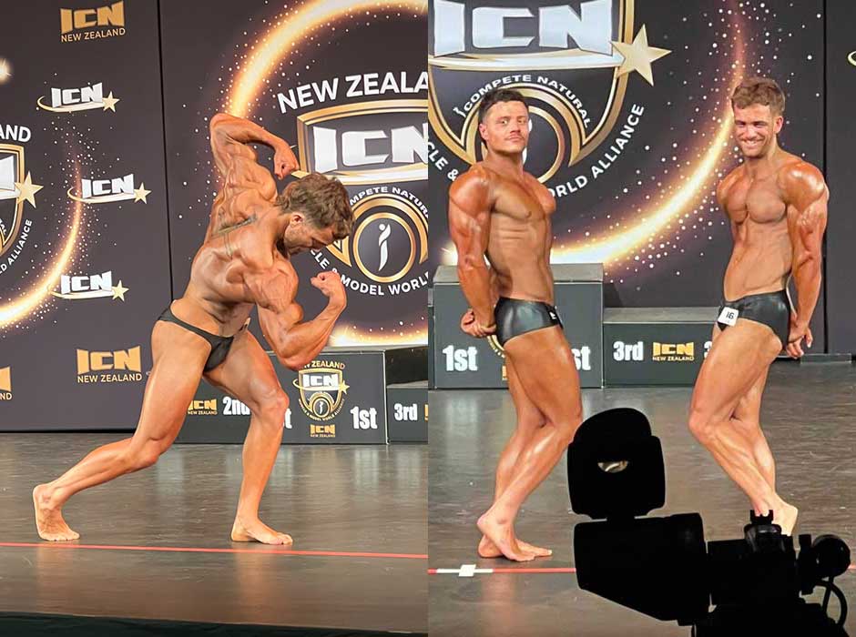 two photos, first showing a man holding a pose on stage during a bodybuilding competition, the second image shows to men on stage together holding a similar posture for a photo 
