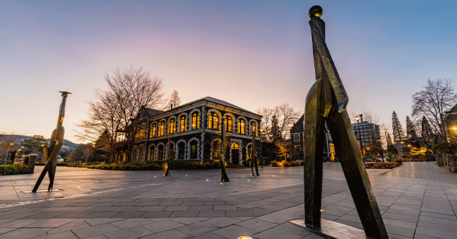 sculptures in front of the staff club
