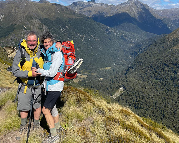 Otago alumnus Distinguished Professor Emeritus Paul Spoonley and his wife Jennifer on the Kepler Track; the pair met at university.