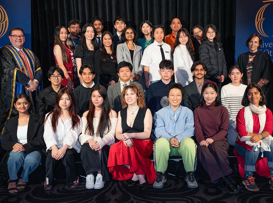Some of the recipients of the inaugural International Academic Excellence Scholarship, pictured with Vice-Chancellor Grant Robertson and Deputy Vice-Chancellor (External Engagement) Professor Jessica Palmer, at the official scholarship recognition event at the Staff Club last week.