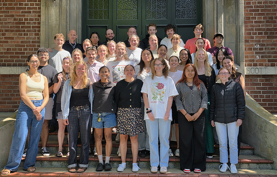 Class of 2026 students stand on the steps of Scott Building, Dunedin Medical School