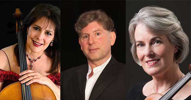 a woman holding a cello, a man in a black shirt, a woman holding a violin