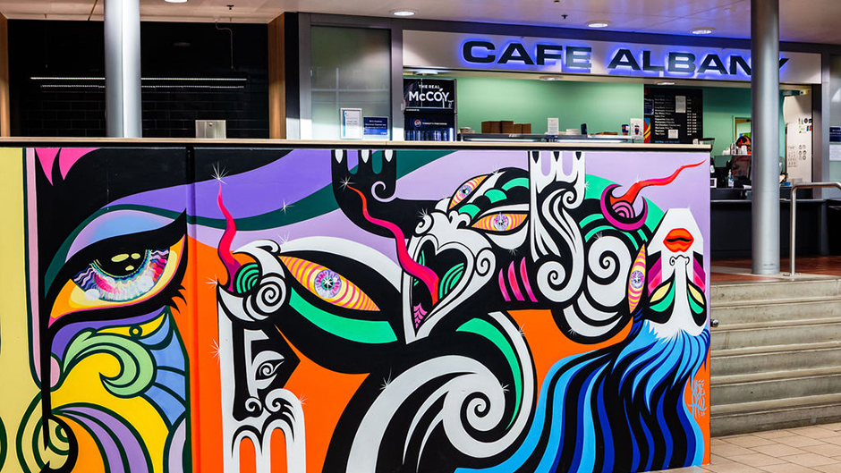 A view of a mural in front of Cafe Albany in the Link