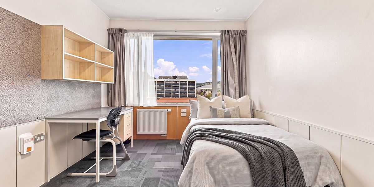 Student bedroom with view of stadium