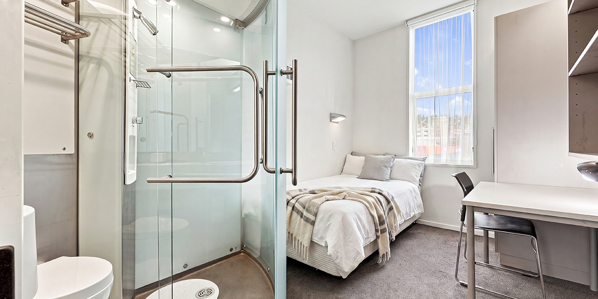 Student bedroom with ensuite bathroom and single bed