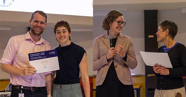 A two photo collage, the first image shows a man standing, smiling while holding a certificate next to a smiling woman, the second photo shows two women standing, smiling, one holding a certificate