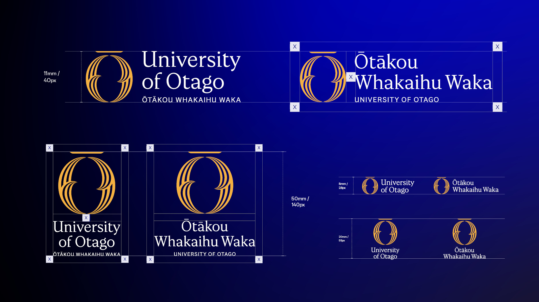 Examples of the University of Otago wordmark, showing correct size and spacing.