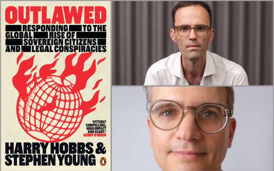 A composite image with a book cover in the first third, followed by the head and shoulders of two men