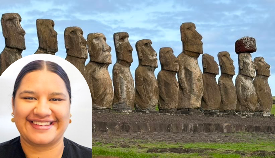 Composite image showing a head-and-shoulders portrait of Otago Biochemistry PhD student Tyla Hill-Moana in the lower left corner, overlaid on a photograph of a row of large stone moai statues at Rapa Nui (Easter Island). The weathered statues stand on a stone platform in an open grassy landscape beneath a cloudy blue sky.